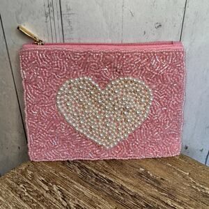 Beaded Pink Coin Purse Pink Heart Wallet Travel Pouch Womens Accessories NEW!